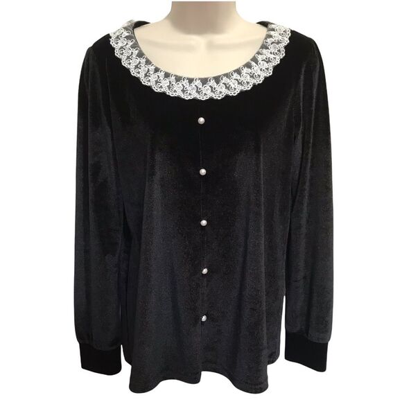 Shein Romantic Gothic Lace Trim and Pearls Velvet Long Sleeve Top Black Sz M (6) - Picture 2 of 14